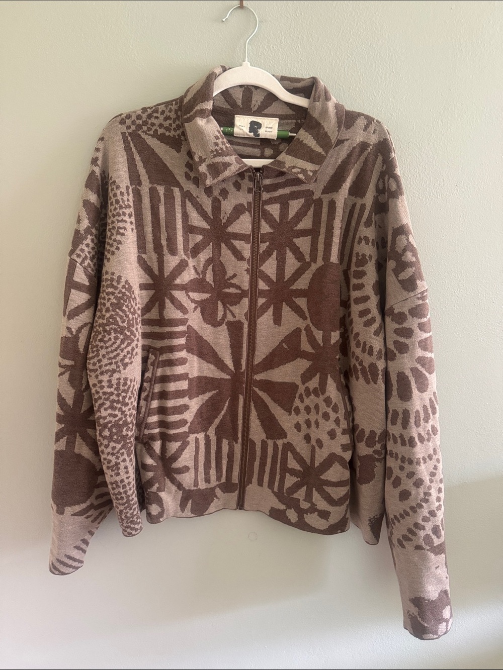 Saalt Studio Geometric Pattern Zip  Sweater Jacket in Taupe and Brown